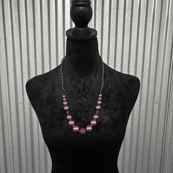 Purple Beaded Statement Necklace Rhinestone Accents Adjustable Chain Bold - Picture 4 of 5